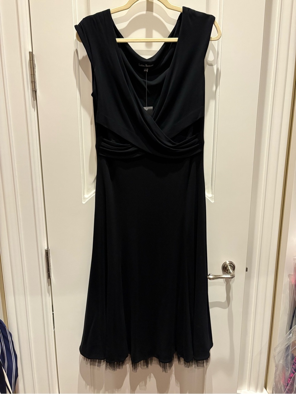 Lela Rose Black Sleeveless Draped Midi Dress with Tulle Hem